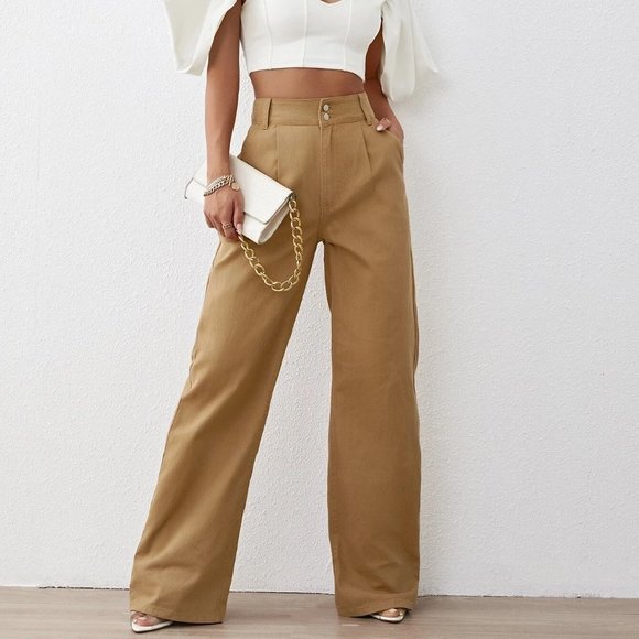 . Pants - Brown Preppy Womens Solid High Waist Wide Leg Jeans